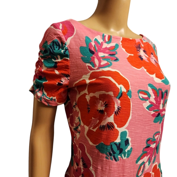 Lilly Pulitzer Pink Floral Ruched Puff Sleeve Slim Fit T-Shirt Size L - Picture 4 of 11